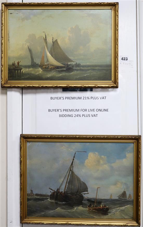 19th century Dutch School, near pair of oils on panel, shipping off the coast, one signed Seals 1869, the other Schulgel 60, 25 x 36cm
